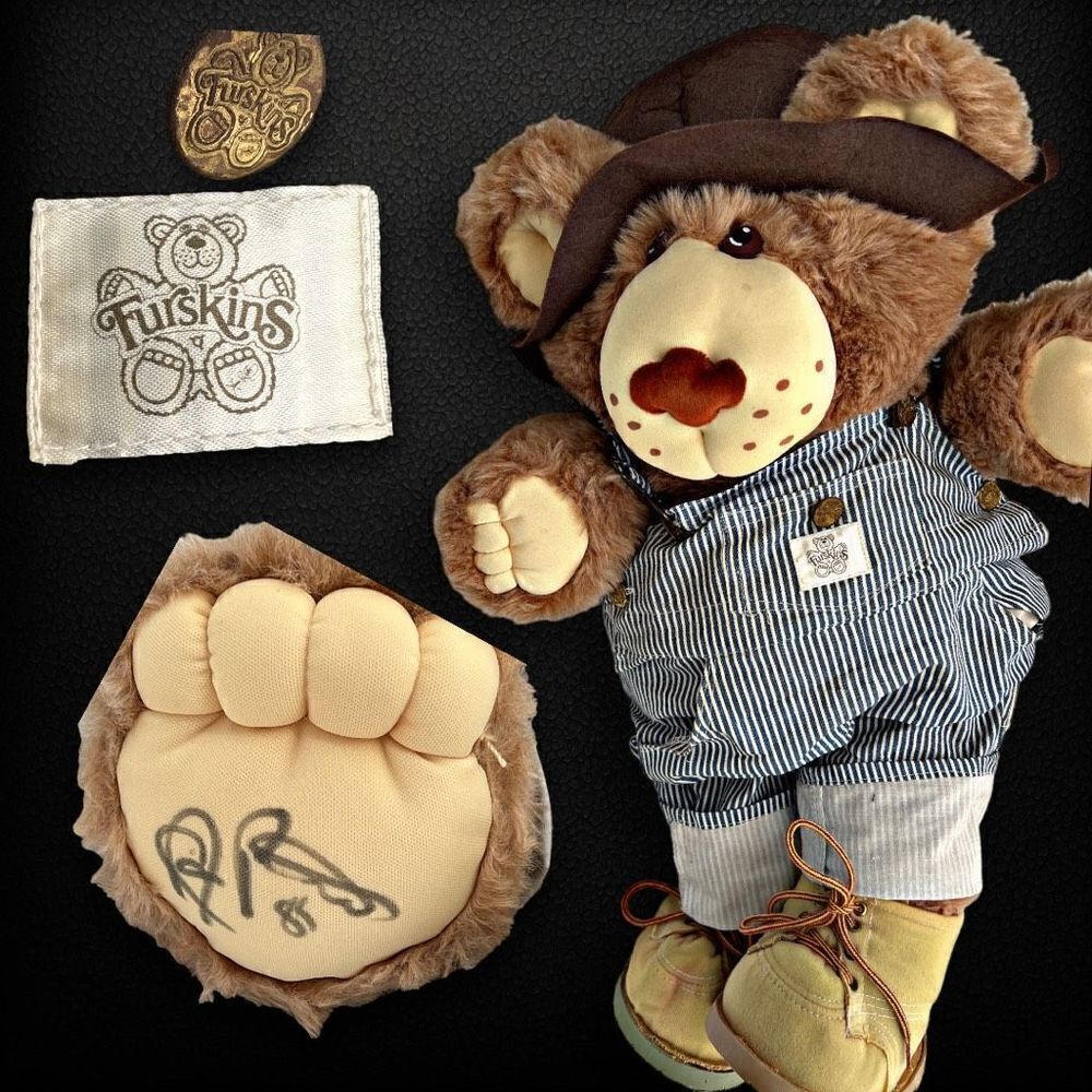 VTG Hand Signed Bear Dudley Furskins Bear Plush Xavier Roberts Blue Overalls